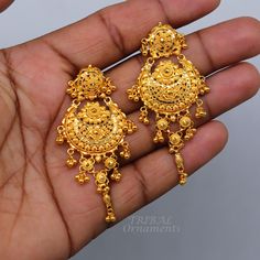 Traditional Yellow Gold Chandbalis With Intricate Design, Traditional Yellow Gold Chandbali Chandelier Earrings, Festive 22k Gold Chandbalis With Intricate Design, Traditional Gold Chandbalis With Intricate Design, Yellow Gold Intricate Design Chandbalis For Festivals, Yellow Gold Chandbalis With Intricate Design For Festivals, Yellow Gold Chandbali Earrings With Intricate Design, Diwali Yellow Gold Chandbalis With Intricate Design, 22k Gold Chandbali Bridal Earrings With Latkans