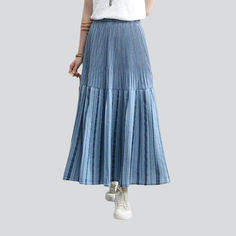 Add a touch of vintage-inspired chic to your Spring-Summer wardrobe with this pleated light blue denim skirt from our 2023 Collection!Why You'll Love It: 90s Style: Tap into the nostalgia of the '90s with this timeless piece. merging elegance and grunge. Light Wash: Reach for the stars with this pastel-tinted masterpiece. adding a subtle touch to your look. Pleated: The careful pleats bring out the perfect feminine silhouette. adding plenty of character to your style. Mid-Waist: Flatter your fig Light Blue Denim Skirt, Trendy Denim Jacket, Denim Skirts Online, Blue Denim Skirt, Trendy Denim, Reach For The Stars, Jeans Skirt, Stylish Clothes, 90s Style