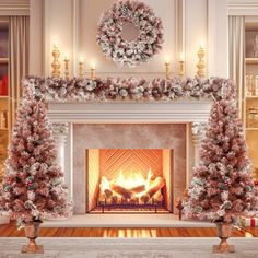 a fireplace decorated with christmas trees and wreaths