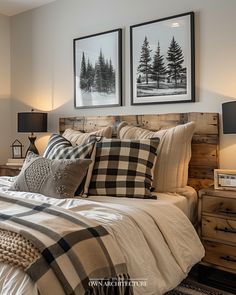 a bedroom with two framed pictures above the bed and plaid pillows on the headboard