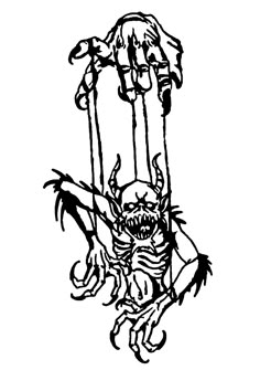 a black and white drawing of a demon hanging upside down from the ceiling with two hands