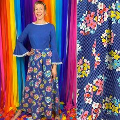 "Incredible 1960s flower power maxi dress. Navy blue with white polka dots and bright pop art flowers. -made by a high end 60's designer for Saks Fifth Avenue -bell sleeve -lace trim on collar and sleeve, -one pocket. -zips up back. -in Very Good vintage condition - has a very small pique on the bodice, and a fabric irregularity on the back skirt (this just looks discolored and there is no tear) -- see pics for both. -freshly washed Label: B. Cohen by Jaconelli, for Saks Fifth Avenue Fabric: No Retro Blue Spring Maxi Dress, Retro Blue Maxi Dress For Spring, Blue Retro Maxi Dress For Spring, Bright Pop, Summer Love, Art Flowers, Hem Top, Boho Summer, Summer Of Love