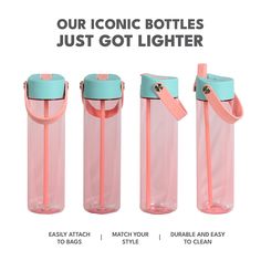 three different styles of water bottles with the words, our iconic bottles just got lighter