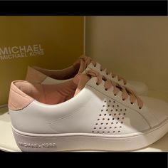 Michael Kors Poppy Lace Up Lasered Leather Sneakers . Color Optic White/Pink Size 8.5 New With Box Never Used/Worn Michael Kors Pink Lace-up Sneakers, Pink Michael Kors Lace-up Sneakers, Michael Kors Pink Synthetic Sneakers, Michael Kors Pink Round Toe Sneakers, Michael Kors Pink Sneakers With Round Toe, Michael Kors Pink Low-top Sneakers, Casual Pink Michael Kors Sneakers, Pink Leather Sneakers For Spring, Michael Kors White Slip-on Sneakers