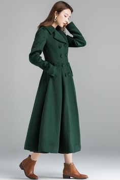 "Vintage inspired but modern wool maxi coat that will keep you warm and stylish this winter, Excellent high-quality winter outwear that don't cost a fortune. DETAIL * Excellent high-quality, medium weight, warm wool fabric * (50% wool, 50% fiber,nylon, etc. ) * Matching satiny lining. * Double breasted, Button closure * Calf length * Fit and flare Silhouette * Two side seam pockets * Fit for autumn-to-winter * A really beautiful coat if you love the vintage look. True craftsmanship. * The skirt Women Wool Coat, Wool Maxi Coat, Vintage Winter Coat, Fit And Flare Coat, Army Green Coat, Green Wool Coat, Winter Coat Women, Hooded Wool Coat, Wool Winter Coat