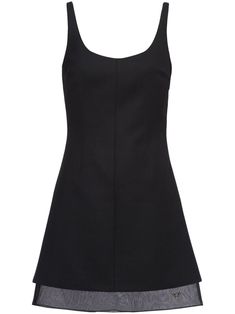 black wool enamel triangle logo scoop neck open back sleeveless straight hem thigh-length Prada Mini Dress, Prada Outfits, Prada Clothes, Designer Black Dress, Prada Dress, Prada Women, Triangle Logo, Mode Inspo, Wool Dress