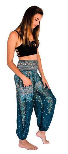 Feather Design Straight Leg Harem Pants in Turquoise-The High Thai-The High Thai-Yoga Pants-Harem Pants-Hippie Clothing-San Diego Bohemian Long Pants With Side Pockets, Casual Wide Leg Harem Pants For Yoga, Bohemian Blue Wide-leg Harem Pants, Blue Bohemian Wide-leg Harem Pants, Blue Wide-leg Bohemian Harem Pants, Harem Pants With Pockets For Beach, Baggy High-waisted Harem Pants For Beach, Blue Wide Leg Harem Pants For Loungewear, Blue Hippie Harem Pants With Pockets