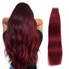 PRICES MAY VARY. 【Salon Quality Hair Extensions】100% premium remy human hair,salon quality,tangle free,shedding free.The hair feel smooth and soft.our tape hair extensions can be curled just you like.Tape hair extensions can last 2-3 monthes with good care. 【Sticky Blue Tape】US made blue tape,double-sided,re-usable,quality tape.You can replace the tape when required. Easy to install or remove the tape in extensions,give extra replacement tape. 【Purchase Quantity】If your hair is fine,need 1-2 pac Red Tape In Hair Extensions, Hair Extension Care, Tape Hair Extensions, Real Hair Extensions, Wine Red Color, Tape In Extensions, 100 Remy Human Hair, Quality Hair Extensions, Hair Images