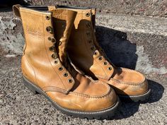 These sturdy and well made classic tan leather boots are in good condition, with light wear.  Produced with excellence by The Mason company, which was founded in 1904 and is still family owned in Chippewa Falls, WI. No laces. Made in the USA. Size 12 Just over 9" Tall Vintage Boots With Reinforced Toe For Outdoor Work, Vintage Steel Toe Work Boots For Outdoor, Vintage Brown Boots For Outdoor Work, Vintage Work Boots With Leather Sole For Outdoor, Vintage Outdoor Boots Goodyear Welted, Vintage Outdoor Boots With Goodyear Welted, Vintage Outdoor Boots With Goodyear Welt, Vintage Work Boots With Reinforced Toe For Outdoor Work, Vintage Moc Toe Work Boots With Goodyear Welt