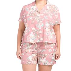 Includes Collar Short Sleeved Top & Matching Shorts. Floral Print Contrast Piping & Shirt Pocket Button Up Top And Pull-On Shorts Polyester Cashmere Pajamas, Cashmere Lounge Set, Long Sleeve Night Gown, Floral Pajama Pants, Pink Botanical, Floral Pajama Set, Silky Pajamas, Shirt Pocket, Floral Pajamas