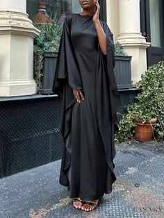 Elegant Kaftan Maxi Dress Black Draped Maxi Dress For Spring, Black Draped Dress For Fall, Chic Black Draped Dresses, Black Draped Maxi Dress For Summer, Black Draped Summer Dress, Black Floor-length Maxi Dress For Fall, Black Draped Dress For Spring, Black Kaftan, Kaftan Maxi Dress