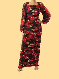 Roses are Red  bodycon chiffon maxi dress Kabayare Exaggerated Sleeves, Red Bodycon, Maxi Cardigan, Floral Print Chiffon, Roses Are Red, Romantic Dinner, Dresses Xxl, Chiffon Material, Satin Maxi Dress