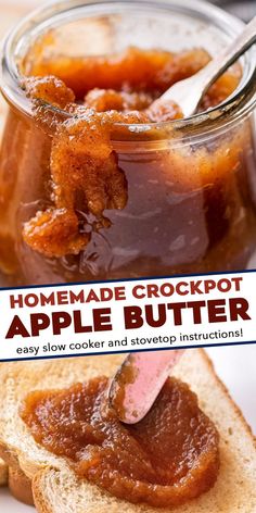 homemade crockpot apple butter recipe in a jar and on a plate with bread