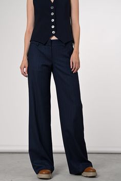 Dark blue, wide-leg trousers with pinstripes. Side pocketsBack pocketsWide waistband with belt loopsConcealed zipper & hook fasteningBack & front creasesWash in machine as indicated on care labelModel is wearing Italian size 38 (DE 34) and is 172 cm tallRegular fit Striped Fitted Wide-leg Pants, Pin Stripe Pants, Tailored Pinstripe Wide-leg Pants, Classic Pinstripe Wide-leg Bottoms, Pinstripe Wide-leg Pants With Pockets, Fitted Pinstripe Wide-leg Bottoms, Pin Stripe, Blue Pin, Blue Pants