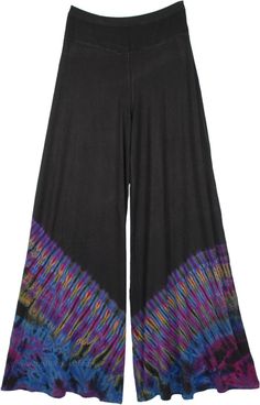 These loose and broad leg pants in black look very elegant and trendy, wide leg tie-dye palazzos feature easy pull-on styling and colorful accents. A very comfortable pair of pants in luxuriously soft fabric, these tie-dye palazzos are perfect - comfortable, bohemian and fun. #tlb #SplitSkirtsPants #vacationclothing #beachwrap #TieDye #Tiedyepalazzopants #widelegtiedyepantspants #festivalbohopants #wideleghippiepants Black Full-length Bohemian Harem Pants, Black Full Length Bohemian Harem Pants, Black Flare Wide Leg Pants For Summer, Bohemian Black Pants, Black Stretch Bohemian Bottoms, Bohemian Black Stretch Bottoms, Black Bohemian Wide Leg Pants, Black Flare Wide Leg Pants For Spring, Tie Dye Wide Leg Bottoms With Elastic Waistband