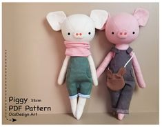 two stuffed animals standing next to each other on a wall with the words piggy 35cm pdf pattern