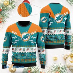 Miami Dolphins Nfl Football Team 3D Gift For Xmas Holiday Ugly Christmas Sweater Barkingtees Fashion available in T-shirt, hoodie, tank top, longsleeve, multi color and size S M L XL XXL 3XL 4XL 5XL. Shipping from the US. Easy 30 day return policy - Shop now! 6.1-ounce, 100% cotton .Double-needle neck, sleeves and hem; Roomy Unisex Fit. Ash is 99% cotton, 1% poly; Sport Grey is 90% cotton, 10% poly; Dark Heather is 50% cotton, 50% polyester .Decoration type: Digital Print. Made by Gildan Multicolor Crew Neck T-shirt For Winter, Winter Multicolor Crew Neck T-shirt, Football Team Logos, Nfl Football Teams, Cozy Knit Sweater, Xmas Holidays, Miami Dolphins, Sports Gifts, Soft Yarn