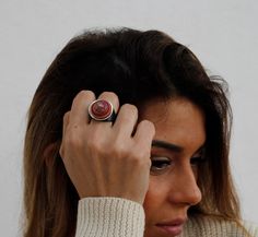 Leather Ring with Pink and Brown Tones, handmade jewelry, chunky rings, handmade gift for women ✨ Product Description: Designed and handcrafted with a brown leather base, this ring features a 28mm diameter round top. Layers of leather in pink and brown tones combine perfectly, finishing with a resin-printed leather that adds a unique touch.  🛠️ Main Features: - Material: Soft and flexible leather, ideal for comfortable all-day wear. - Diameter: 28mm round top. - Design: Leather layers in pink a Modern Brown Rings For Gifts, Modern Brown Rings For Gift, Unique Brown Rings For Gift, Minimalist Brown Rings For Gifts, Modern Brown Ring Jewelry, Handmade Brown Ring Jewelry, Handmade Brown Jewelry Ring, Handmade Brown Rings For Gift, Adjustable Brown Ring Jewelry