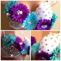 three pictures of different types of bras with flowers and jewels on the brale