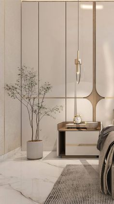 a bedroom with white walls and marble flooring, a plant in the corner next to the bed