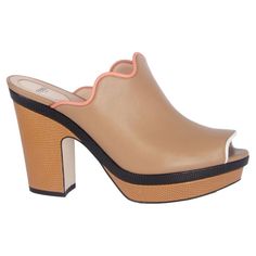 Elegant Beige Clogs For Spring, Leather Open Toe Clogs With Contrasting Heel, Brown Clogs With Sculpted Heel For Spring, Summer Slip-on Clogs With Sculpted Heel, Spring Brown Clogs With Sculpted Heel, Chic Slip-on Platform Mules, Brown Open Toe Clogs With Sculpted Heel, Chic Wedge Heel Clogs With Padded Heel, Chic Platform Clogs With Open Heel