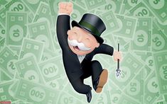 a man with a mustache and top hat holding a cane in one hand while sitting on a pile of money