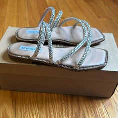 Brand New In Box Never Worn Steve Madden Starie Sandals Size 6. Stunning Crystal Sandals. Perfect For Summer Silver Flat Sandals For Evening, Silver Sparkling Open Toe Sandals, Glamorous Silver Flat Sandals, Sparkly Sandles, Ankle Tie Sandals, Steve Madden Shoes Sandals, Shoes Steve Madden, Strappy Flats, Crystal Sandals