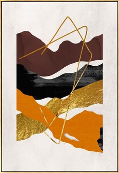 an abstract painting with gold and black lines on it's sides, in the shape of mountains