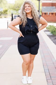 Everyone will want to know what's happening with you when you step out in this gorgeous romper! The classic black color is adorable and the flirty fit is perfect for for a casual outing or date night! Style it with some cute accessories and heels for the ultimate chic look! 97% Cotton, 3% Spandex Elegant Black Jumpsuits And Rompers For Day Out, Black Flirty Jumpsuits And Rompers For Summer, Black Flirty Jumpsuit For Date Night, Flirty Black Jumpsuit For Date Night, Black Jumpsuits And Rompers For Day Out In Spring, Black Jumpsuits And Rompers For Spring Day Out, Black Jumpsuits And Rompers For Spring Night Out, Flirty Black Jumpsuits And Rompers For Night Out, Flirty Black Jumpsuit For Night Out