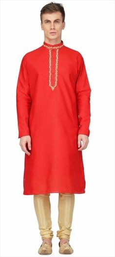 Red and Maroon color Kurta Pyjamas in Raw Silk fabric with Embroidered, Thread work Red Kurta With Embroidered Border For Festive Season, Festive Red Embroidered Kurta, Festive Red Churidar With Embroidered Border, Fitted Red Churidar With Embroidered Border, Traditional Red Churidar With Embroidered Border, Red Sets With Embroidered Border For Eid, Red Embroidered Churidar For Wedding, Red Long Sleeve Sets With Embroidered Border, Red Churidar With Resham Embroidery And Long Sleeves