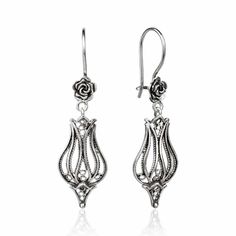 Filigree Art Tulip Design Women Sterling Silver Dangle Drop Earrings - Filigranist Jewelry Gemstone Drop Earrings, Art Ancien, Tulip Design, Art Women, Filigree Earrings, Sterling Silver Filigree, Antique Inspiration, Mesopotamia, Velvet Pouch