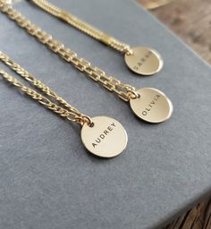 perfect 1/2'' round disc laser engraved with your name to match with your favorite chain. great selection of 18k gold filled chains to choose from.  perfect size for layering.  all findings are 14k gold filled and 18k gold filled Lobster clasp closure Name Engraved Necklace, Laser Engraved Necklace, Laser Engraved Jewelry Ideas, Minimalist Personalized 14k Gold Filled Charm Necklaces, Personalized Round Gold Plated Charm Necklaces, Personalized Minimalist 14k Gold-filled Charm Necklace, Personalized Gold-plated Charm Necklaces, Minimalist 14k Gold Filled Charm Necklace As Personalized Gift, Personalized Gold Plated Charm Necklaces