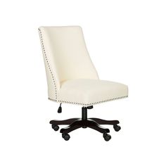 a white office chair with wheels and studded trimmings on the armrest