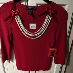 Red Blouse Size Medium Elegant Red Party Tops, Elegant Red Necklace For Holiday, Elegant Festive Christmas Tops, Elegant Christmas Festive Tops, Elegant Christmas Party Tops, Elegant Christmas Tops, Red Christmas Party Necklaces, Chic Red Necklace For Party, Elegant Red Necklace For Christmas