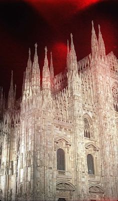 the large cathedral is lit up at night