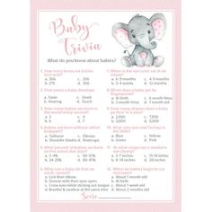 a baby shower game with an elephant on the front and numbers for it's birth