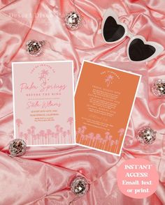 an orange and pink wedding suite with sunglasses