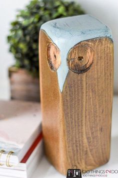 a wooden block with an owl's face painted on it and two books next to it