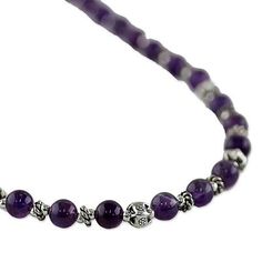 Amethyst beaded necklace, 'Simple Grace' - Amethyst and 950 Silver Beaded Necklace from Thailand (image 2d) Purple Sterling Silver Jewelry With Polished Beads, Purple Beaded Sterling Silver Jewelry, Spiritual Amethyst Beaded Necklaces With Polished Beads, Sterling Silver Spiritual Beaded Necklaces With Round Beads, Spiritual Amethyst Beaded Necklace With Polished Beads, Spiritual Sterling Silver Beaded Necklaces, Spiritual Amethyst Jewelry With Polished Beads, Spiritual Sterling Silver Beaded Necklace With Natural Stones, Bohemian Silver Amethyst Beaded Necklace