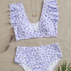 High Waist Swim Suit From Shein. Brand New!! Only Tried On Once. Purple Cute, High Waisted Swim, Lilac Purple, Ruffle Trim