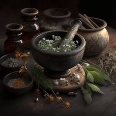 an old mortar bowl filled with herbs and spices