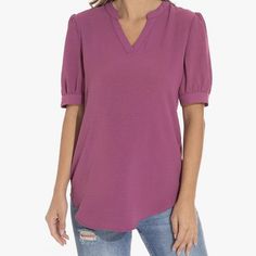 Women's Tunic From Guanny Size Xl Loose Fitting V-Neck Top Brand New- Tags Removed Trendy Solid Purple Top, Trendy Purple Solid Color Top, Purple V-neck Solid Color Top, Purple V-neck Solid Top, Purple V-neck Top, Versatile Pink V-neck Top, Chic Purple Short Sleeve Tops, Versatile Purple Top For Spring, Casual Purple Blouse With Puff Sleeves