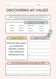 This engaging and interactive worksheet is designed to help children, aged 6-8, explore their personal values through a fun and reflective activity. Using simple language and playful design, children will choose three values from a list, describe recent events where they demonstrated each value, and reflect on how it made them feel. This worksheet encourages emotional awareness, self-reflection, and positive behaviour, all grounded in ACT (Acceptance and Commitment Therapy) principles. It’s perfect for use in therapy, classrooms, or at home. Personal Values Worksheet, Personal Values List, Self Reflection Worksheet, Values Clarification, Values Worksheet, Acceptance And Commitment Therapy, Worksheets For Class 1, Values List, Life Values