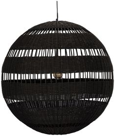 a large black wicker ball hanging from a ceiling fixture with one light on it