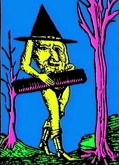 a drawing of a man with a hat holding a guitar in front of two trees