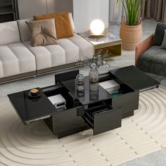 a living room with couches, coffee table and vase on the floor in front of it