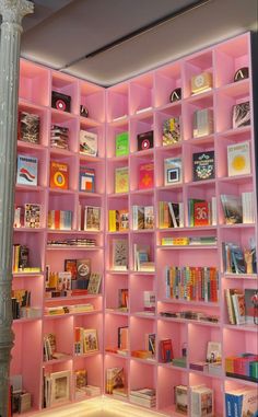 pink book shelf wall decor cubby cute Pink Shelves Bookshelves, Pink Maximalism Bedroom, Girly Home Library, Girly Modern Living Room, Girly Library Room, Barbie Office Decor, Pink Aesthetic Office, Kaws Living Room Decor, Girly Library