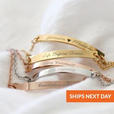 "Engraved Bracelet With Name Unique Gifts For Women Personalized Friendship Bracelet Inspirational Best Friend Gift Bridesmaid Gifts *All Orders Ship the Next Business Day* Personalize this piece with your own meaningful message. Personal, timeless pieces you'll never want to take off - it is made to keep your sentiments close. All of our jewelry are hypoallergenic and tarnish resistant. We wish to create lasting pieces that everyone can cherish, no matter the price point. We carefully package i Engraved Bar Bracelet, Bar Bracelet Personalized, Bracelet With Name, Gold Bar Bracelet, Customised Bracelets, Personalised Bangle, Birthday Jewelry, Design Bracelet, Bar Bracelet