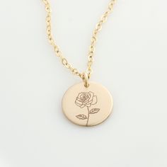 "Personalized Birth Flower Necklace, choose from 12 different flowers including Poppy, Rose, and Daisy! It's great for layering, a wonderful minimalist piece, perfect gift for your wife, girlfriend, chirstmas gift or simply to treat yourself! Engraved and hand assembled with care and love, it comes in 14k gold fill, rose gold fill, or sterling silver. HOW - TO - ORDER 1. Select your options from the drop down menu see photo for font styles and symbol options 2. Chain length options are 16\", 18\ Dainty Rose Flower Jewelry, Dainty Flower-shaped Rose Jewelry, Dainty Flower Shaped Rose Jewelry, Valentine's Day Rose Design Flower Necklace, Rose Flower Charm Necklace, Rose Flower Necklace With Flower Charm, Valentine's Day Rose Gold Flower Charm Necklace, Rose Flower Necklace With Rose Design, Mother's Day Rose Flower Jewelry