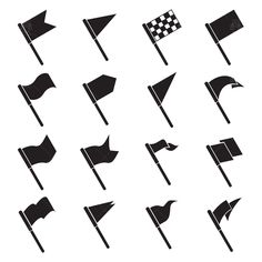 various black and white flags with checkered flagpoles in different positions on a white background